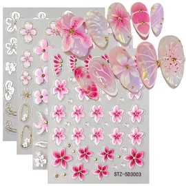 Flowers Nail Stickers, 5D Embossed Pink Small Flower Nail Decals, Spring Relief Lily Nail Art, 3D Acrylic Flowers Embossed Sliders Gold Star Cherry Blossom Manicure Decor for DIY Nail Art Decorations