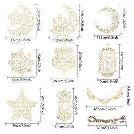 Mecctuck Pack of 9 Ramadan Decoration, Ramadan Decoration, Ornament Wooden Pendant, Ramadan Mubarak Decoration, Eid Mubarak Decoration, Islamic Decoration, Moon Star Pendant for Ramadan Mubarak Eid