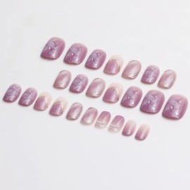 Sun&Beam Nails Nail Tip, Medium, Short, Round, False Claws, Camellia, Cherry Blossoms, Medium Long, Faux-fingernails, Popular, Cute, Stylish, Convenient, Safe, Comfortable, 24 Colors (#3 - Purple)