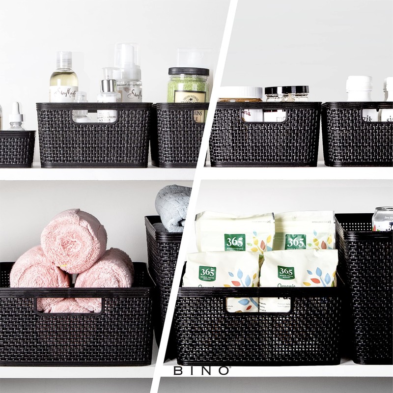 BINO | Woven Plastic Basket | Large (Black), 3-Pack |