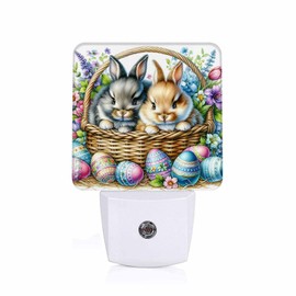 Jahiona LED Night Light Lamp with Smart Sensor Dusk to Dawn Sensor,Bunnies Sit in Woven Basket Basket'S Base Lie Colorful Easter Eggs Night Light Daylight White,0.5W Plug-into Wall for Adults,Bedroom