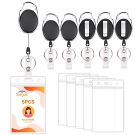 Segus Badge Holder with Clip, Pack of 5 Card Holders with Drawstring, Badge Holder with Lanyard, Extendable, Transparent and Waterproof, for Office, School, Conferences (Vertical)