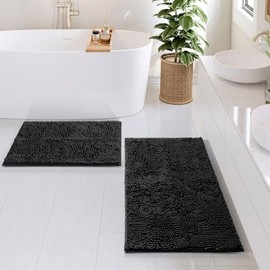 TRP Super Absorbent High Pile Chenille Bathroom Rugs Set 2 Piece Ultra Soft Velvety Texture | Jet Black Color Nonslip Rubber Backing Plush Luxury Fluffy Quick Drying Washable Bath Mat