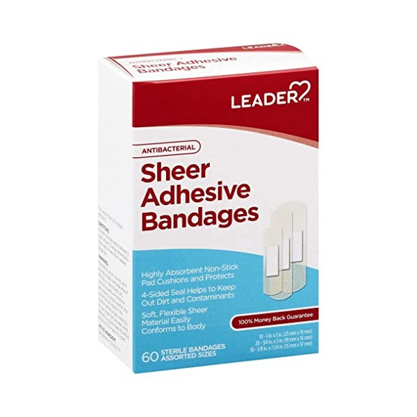 Leader Sheer Bandages, Packs ofFirst Aid Antiseptic, Translucent Protection, Helps Prevent Infection, Protection for First Aid and Wound Care, Compare to Band-Aid, Assorted Sizes, 240 ct.