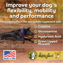 Happy Jack Flexenhance Dog Hip and Joint Supplement with Skin & Coat Support Plus (80 Chewable Tabs), Improve Flexibility & Mobility, Glucosamine, Green Lipped Mussel, Fish Oil