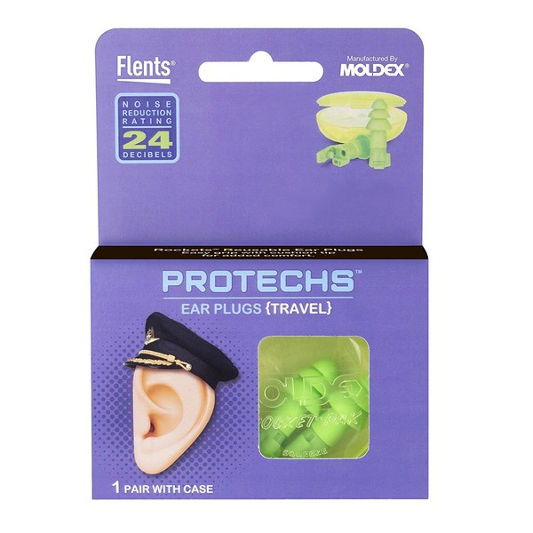 Flents Protechs Reusable Ear Plugs For Travel, Switch Filter Allows For Open And Close Mode, Reduces Pressure, 1 Pair With Case, Easy Use Soft Foam Comfort Fit, NRR 24, Green, Made In The USA