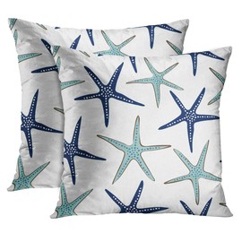 Emvency Set of 2 Throw Pillow Covers Beach Ocean Coastal Green and Blue Starfish Decorative Pillow Cases Home Decor Standard Square 18x18 Inches Summer White Pillowcases