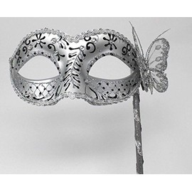 LADIES SPARKLING BLACK & SILVER VENETIAN MASQUERADE CARNIVAL PARTY EYE HAND HELD MASK ON A STICK WITH DIAMONTES