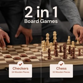 PlayVibe Wooden Chess Set 15'' & Checkers Board Games for All Players with 2 Extra Queens - Handmade Classic Wooden Chess Board, Portable & Folding Playtime Boards, Beginner & Professional Use