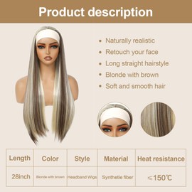 Yacurcur Headband Wigs Silky Straight Hair Glueless Headband Wig None Lace Front Hair Headband Wig Synthetic Straight Hair Headband Wigs for Women 150% Density Blonde with Brown Color 28 Inch