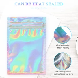 100 Pcs Smell Proof Bags Resealable Holographic Rainbow Color Ziplock Bag Food Storage Bags Pouch, Lip Gloss Bags, Lash Bags, Dispensary Packaging Bags, Sample Bags, Ccoffee Beans Bags (3.5*5.1inch)