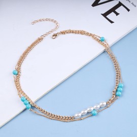 Inilbran Boho Layered Turquoise Choker Necklace Vintage Pearl Curb Chain Necklace Pearl Blue Stone Necklace Gold Blue Pearl Necklace Jewellery for Women and Girls