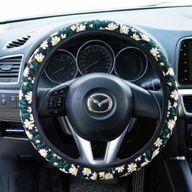 Embroidered Flowers Black Cute Daisy Steering Wheel Cover Auto Anti-Slip Breathable Steering Wheel Protector,Floral Car Accessories for Women,Universal Size Fit Most Cars -15 inch