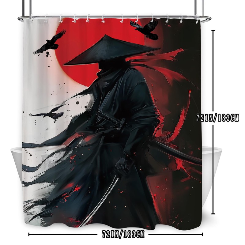 Black Red Samurai Shower Curtain 60Wx71L, Japanese Man Shower Curtains
