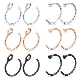 Mayhoop 12-16 Pieces 20G 8 mm Nose Piercings Fake Nose Ring Stainless Steel Fake Piercings Nose Face Piercing Nose Lip Ear Ring Hoop for Men Women, Metal