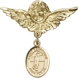 Gold Filled Baby Badge with St. Sebastian/Volleyball Charm and Angel w/Wings Badge Pin 1 1/8 X 1 1/8 inches