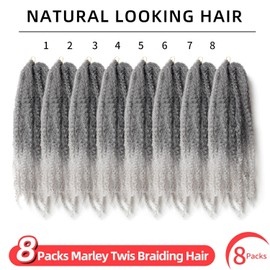 Marley Twist Braiding Hair 18 Inch Cuban Twist Hair 8 Packs Omber Grey Marley Hair Afro Kinky Crochet Hair Synthetic Marley Hair Extensions (18 Inch(Pack of 8),T1B/Grey)