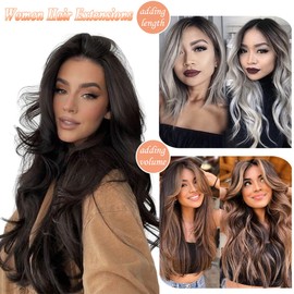 Yekartary Clip in Hair Extensions 7PCS 24 Inch Long Wavy Curly Hairpieces Thick Weft Synthetic Wig for Women Dark Brown To Bleach Blonde