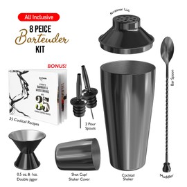 Bar Set Cocktail Shaker Set Bartender Kit, 8 Piece Black Cocktail Set, Mixology Bartender Kit, Steel Drink Shakers Cocktail Kit, Bar Accessories: 24oz Martini Shaker, Muddler, Cocktail Book and More