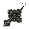 Statement Large Victorian Style Hematite Crystal Cross Drop Earrings/Black Tone/