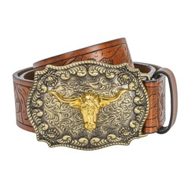JowTreex Western Leather Buckle Belts - Cowboy Longhorn Bull Pattern Buckle Belt Floral Engraved Buckle Belt for Men Women