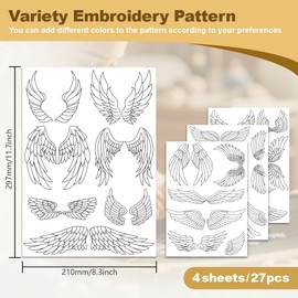 DOODLREAM 34Pcs Wings Water Soluble Hand Sewing Stabilizers, 8.3"x11.7" Wings Embroidery Pattern Stabilizer, 4 Sheets Stick and Stitch Embroidery Paper Sticker