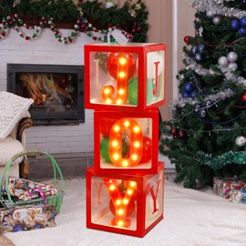 Seeloowy Christmas Decorations Indoor 3 LED Marquee Light up Joy Sign 3 Pcs Paper Boxes Joy Blocks Decorations for Holiday Party Fireplace Mantle Home Bedroom Bar Party Wall Xmas Decor