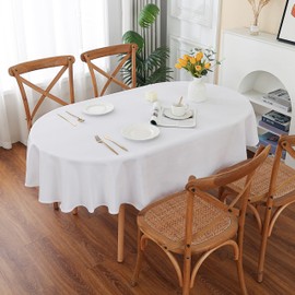 Limalred Simple Oval Tablecloth, 60 x 84 Inch Polyester Fabric Stain Scratch Resistant Solid Color Table Cloth for Dining Home Party Camping Holiday Tabletop Decoration, White