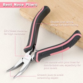 LEONTOOL Mini Bent Nose Pliers with Smooth Jaws 5 Inches Bent Chain Nose Pliers for Jewelry Making Mini Curved Nose Pliers Working in Narrow Space, Pink Tool for Women