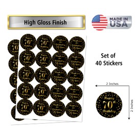 70th Birthday Round 2 Inch Big Glossy Stickers, Thank You for Celebrating 70 Years Black and Gold Labels, Great for Party Favors, Decorations, Tags, Gift Bags and Supplies. Made in USA