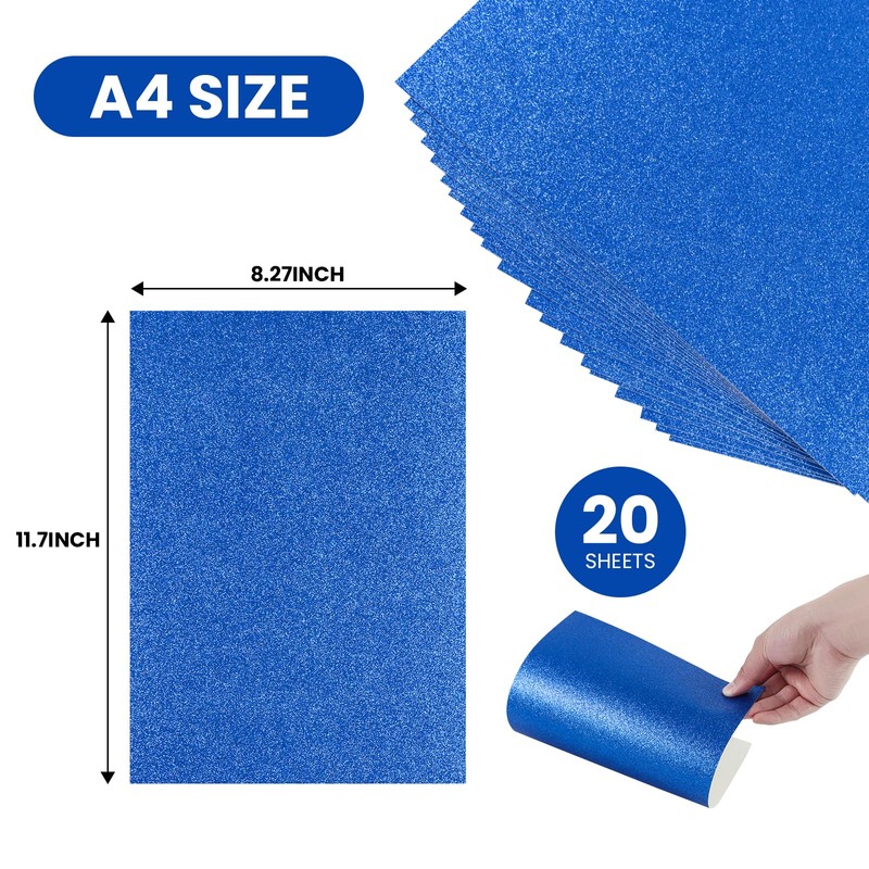 20 Sheets Blue Glitter Cardstock Paper, A4 Thick Glitter Craft