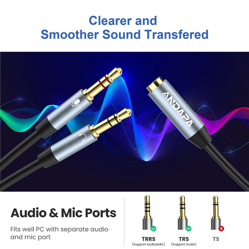 ANDAPA Divisor de Audio y micrófono(21CM), Adaptador de Auriculares 3.5mm