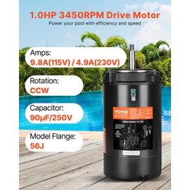 VEVOR 1.0 HP Pool Pump Motor, 3450 RPM High Speed, 115V (9.8 Amps) / 230V (4.9 Amps), 90μF/250V Capacitor, 1.4 SF, CCW Rotation, 56J Round Flange Replacemaxent Motor for Swimming Pools, Spa Centers