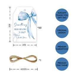 FORSHEEP 50pcs Something Blue Before I Do Thank You Tags, She Tied The Knot Gift Tag with String for Bridal Shower, Blue Bow Thank You Paper Tags for Wedding Party Favors