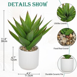 Hollyone Large Artificial Agave Plants 11.8“ Fake Succulents Potted Faux Aloe Vera Plant in White Pot Succulent Agave Plants for Desk Modern Office Living Room Table Shelf Home Indoor Outdoor Decor
