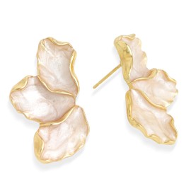 JeanBeau Gold Flower Petal Stud Earrings for Women, Trendy Statement White Beige Enamel Floral Hypoallergenic Earing Summer Prom Fashion Jewelry Gift