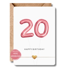 LeniSch Birthday Card 20 with Heart Bracelet 18 K Gold-Plated Happy Birthday Card with Numbers Balloons