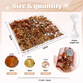 Toaob 1000 Pieces Facet Beads, Brown, 4 mm, 6 mm, 8 mm, Glass Crystal Beads, Faceted Glass Beads for Bracelets, Necklaces, Earrings, Jewellery Making