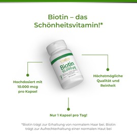 Biotin Hochdosiert 10 mg / 10000 mcg Kapseln, Vitamin B7 für Haare, Nägel und Haut, Vegan, 90 Stk, Nahrungsergänzung Vitality Nutritionals by VitaminExpress
