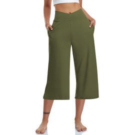 TARSE Womens Casual Wide Leg Yoga Capris Plus Crossover High Waist Capri Pants Loose Soft Pajama Pockets Sweatpants(Green,XL)