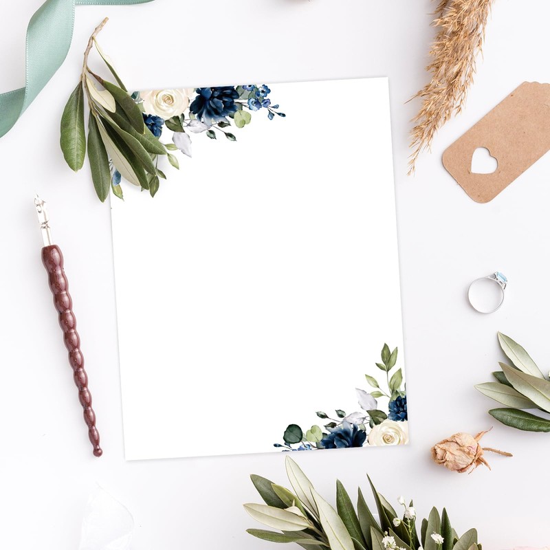 60 Sheets Floral Stationery Letterhead Paper White Blue Flower Letter