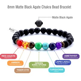GelConnie 7 Chakra Bracelets 8mm Black Matte Agate Chakra Stone Healing Crystal Bracelet Elastic Yoga Bead Stretch Bracelets Meditation Relief Stress Bangle Relax Energy Balance Gift for Women, Men