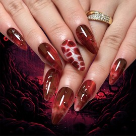 BABALAL Press on Nails Medium Almond Fake Nails Dark Red Black Glue on Nails Goth Punk 3D Water Texture Design Acrylic Nails Stiletto False Nails 24Pcs