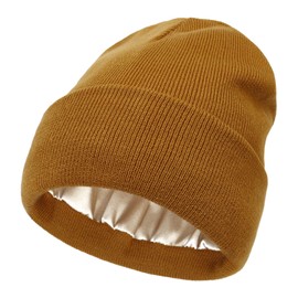 H HOME-MART Beanie Men Women,Satin Lined Knit Slouch Beanie Hat Acrylic Winter Hats for Women Men's Skullies & Beanies Silk Lining Soft Slouchy Warm Cuffed Beanie Hat (Caramel)