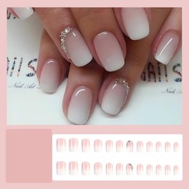 Short False Nails, Cat Eye Glitter Press on Nails, Nails Handmade Press-On Medium Long Coffin Ballerina with Flesh Color Cat Eye Design Charm Cute False Nail Tips 24 Pcs (DZ367)