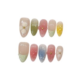 BIBII Nails Handmade Nail Tip, Popular, Popular in Korea, Long, Cute Pink, Green, Blue, 10 Pieces, Oval, Ultra Thin, 100% Handmade Nails, Press on Nails, 3D Nails, Fresh and Natural, Dreamy, Japanese