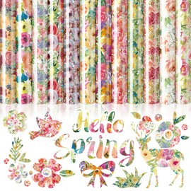 JarThenaAMCS 12 Sheet Floral Heat Transfer Vinyl Watercolor Flower Pattern Iron on Vinyl Mixed Colorful Printed HTV Adhesive Craft Vinyl for Clothing Costume DIY Fabric Craft, 9.6 x 11.8 Inch