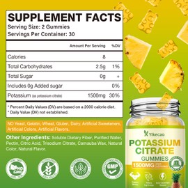 Yikecao 2 Pack Potassium Citrate Gummies 1500mg, High Potency Potassium Supplement Gummies for Adults Women & Men, Support Leg Cramps & Muscle Health, Sugar-Free, Pineapple Flavor, 120 Count