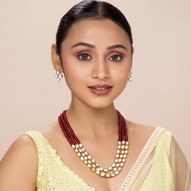 Aheli Indian Traditional Faux Kundan Long Necklace Jewelry Set with Earrings for Women (Maroon)