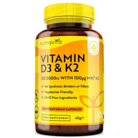Vitamin D3 3000iu & K2 100ug (MK7) – 120 Vitamin D3 K2 Vegetarian Capsules – Supports Normal Bones, Muscles, Teeth and Immune System – Cholecalciferol & Menaquinone-7 – Made in The UK by Nutravita